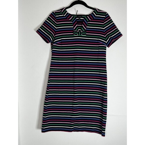 Talbots Dresses & Skirts - Talbots Shift Dress Women's M Multicolor Stripe Knit Short Sleeve Keyhole Neck